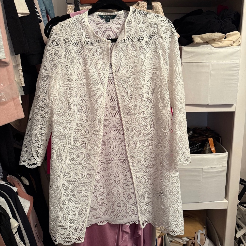 LAUREN RALPH LAUREN LACE SCALLOPED HEM OPEN FRONT DUST CARDIGAN JACKET SZ PXS